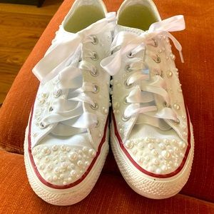 Size 9 pearl encrusted white converse